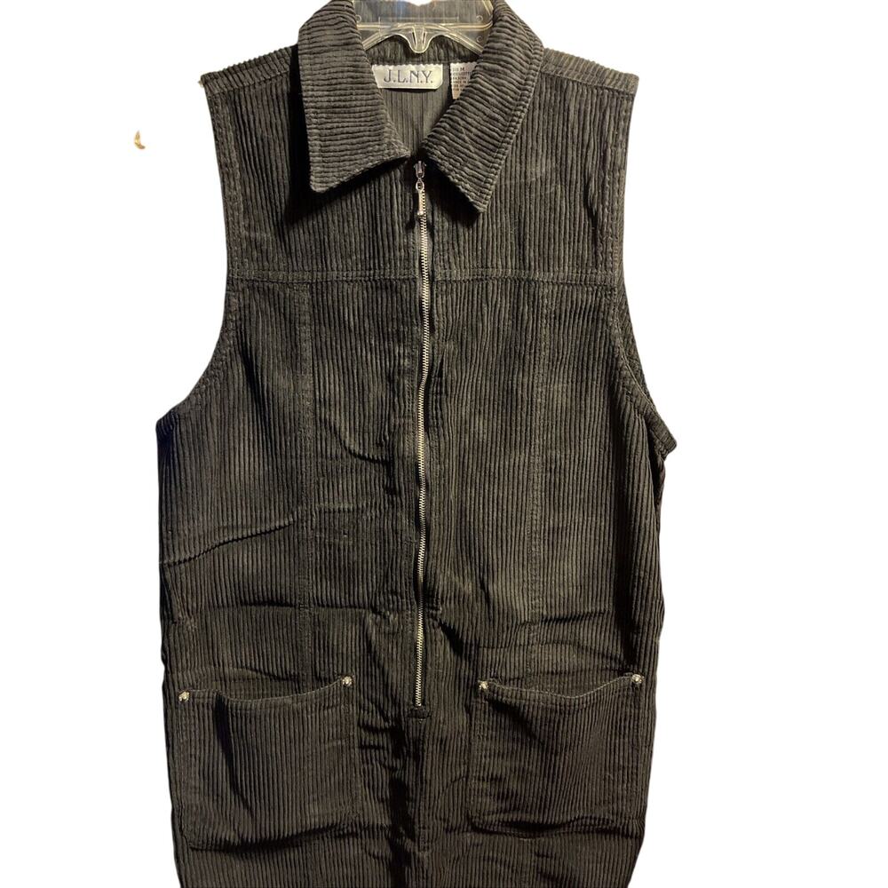 JLNY Vintage Women’s Medium Black Corduroy Vest Overall Dress 3/4 Zip Cotton EUC